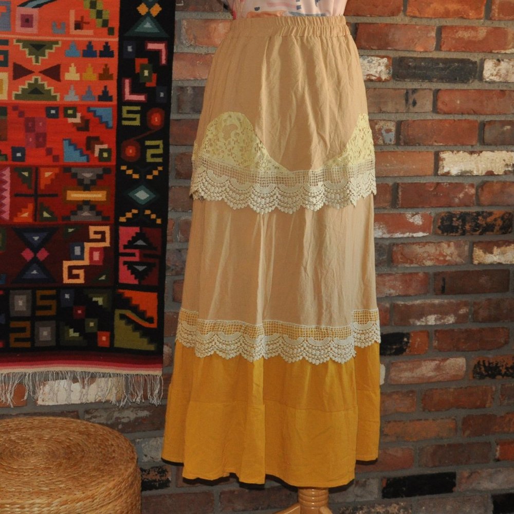 New SooLinen Tiered Patchwork Crochet Lace Ruffle Maxi Hippie Boho Skirt W 29"